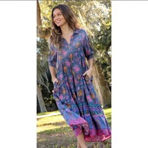 New• Natural Life Rebecca Boho Colorful Floral Blue Border Midi/Maxi Dress• XL
